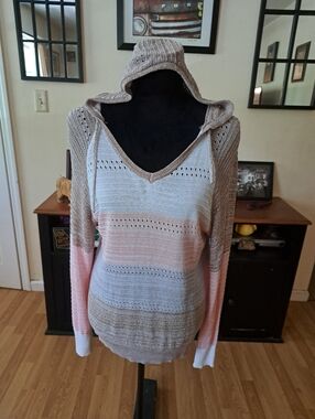 XXL Acrylic Long Sleeve Loose Knit Tan Pink White Hoodie Hooded Sweater
